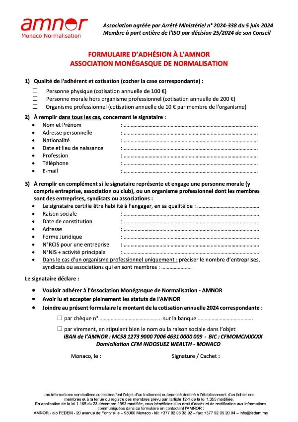 Bulletin Adhésion AMNOR center